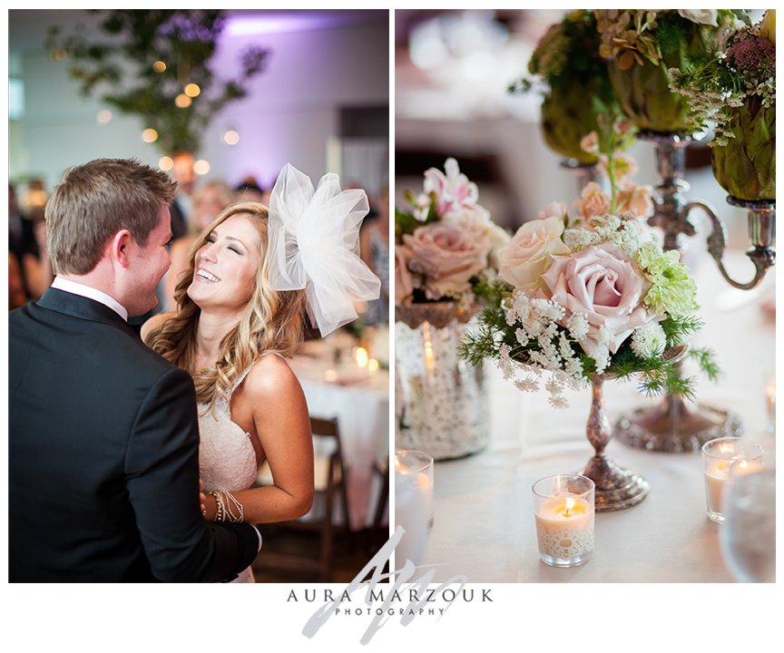 Bride and groom enjoy their first dance among their white and pink candelabras and lantern centerpieces. © Aura Marzouk Photography, Greensboro Wedding Photographer