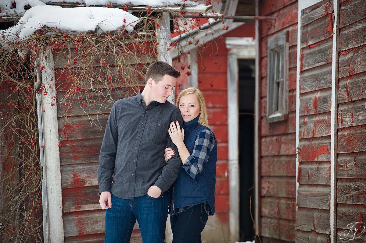 beautiful winter engagement photo with barns