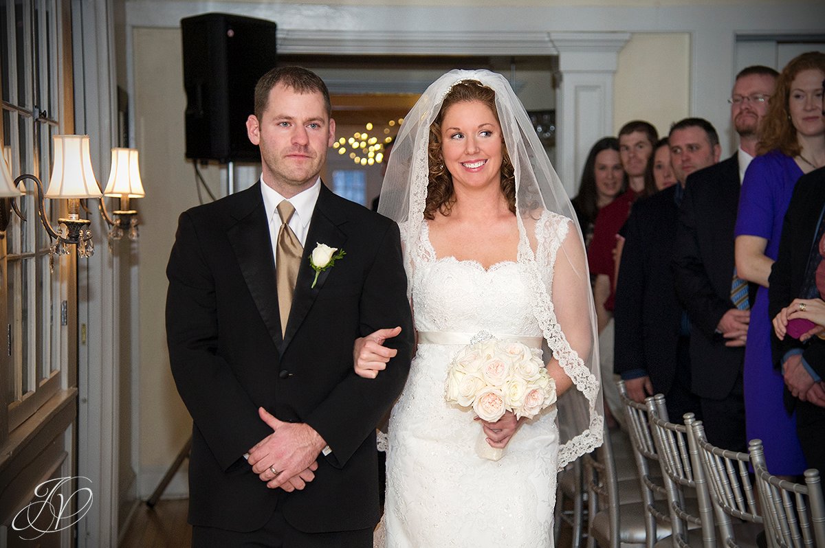 bride walking down isle, wedding ceremony photos, Albany Wedding Photographer, Crooked Lake House wedding, old daley inn