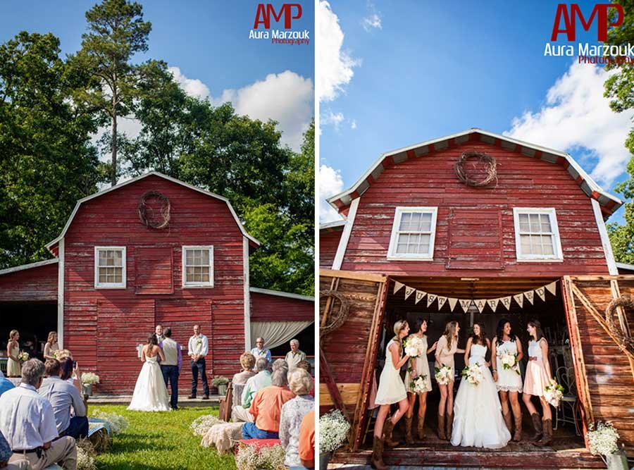 Seagrove NC Barn wedding with cowboy boots and wildflower bouquets to match! © Aura Marzouk Photography