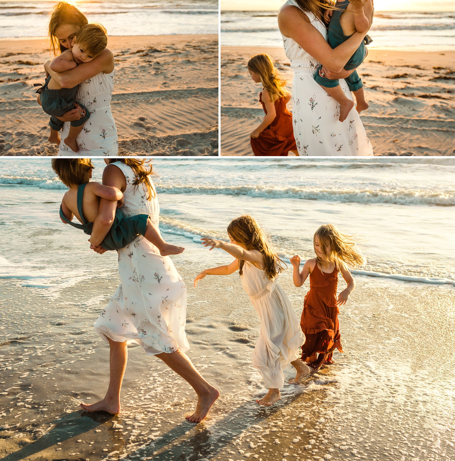 image collage, mother nuzzling infant son, mother holding baby boy, mother playing with her children on a beach