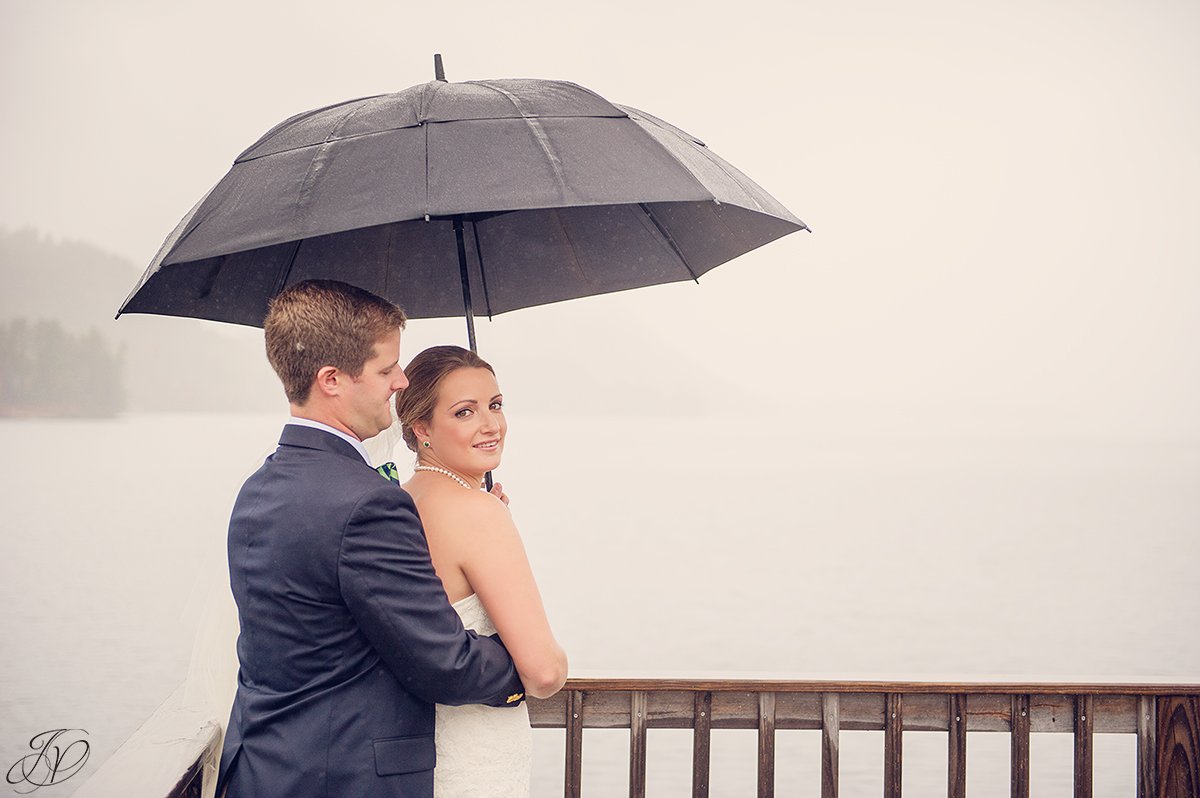 romantic photo of bride and groom in the rain