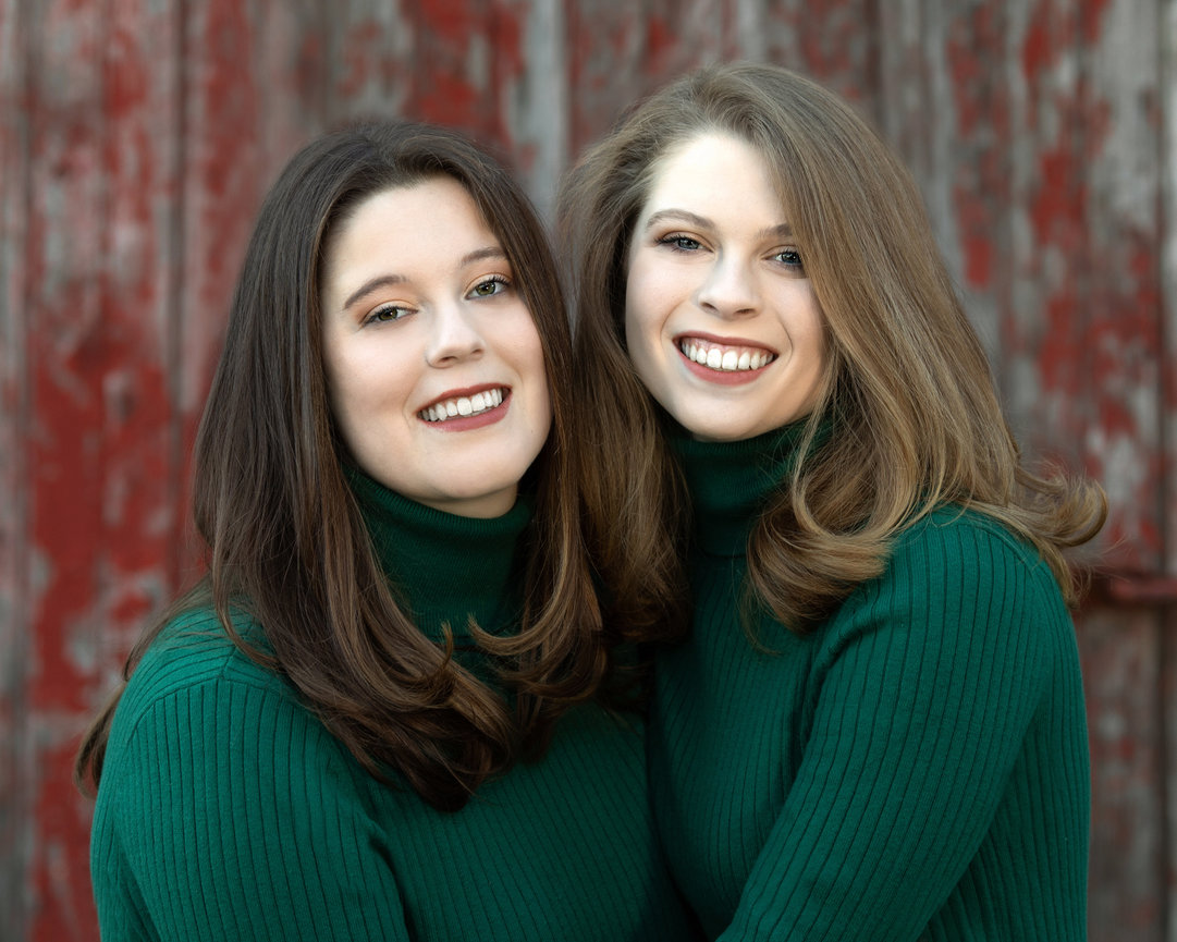 outdoor family portrait of young adult daughters in green for Christmas card walpole ma