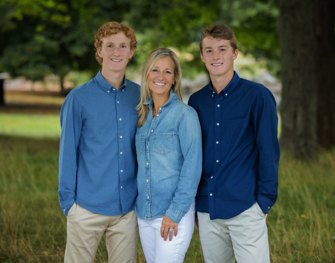 outdoor family portrait of mom with twin high school senior boys in park Mansfield ma