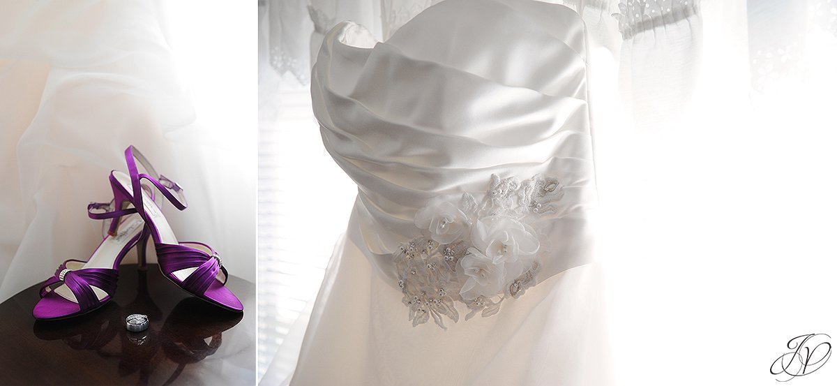 wedding dress details, purple wedding shoes