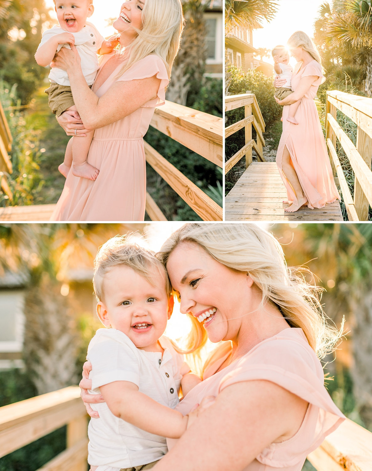 photo collage, mother and baby boy, Ponte Vedra Beach boardwalk, flowy peach dress, Ryaphotos