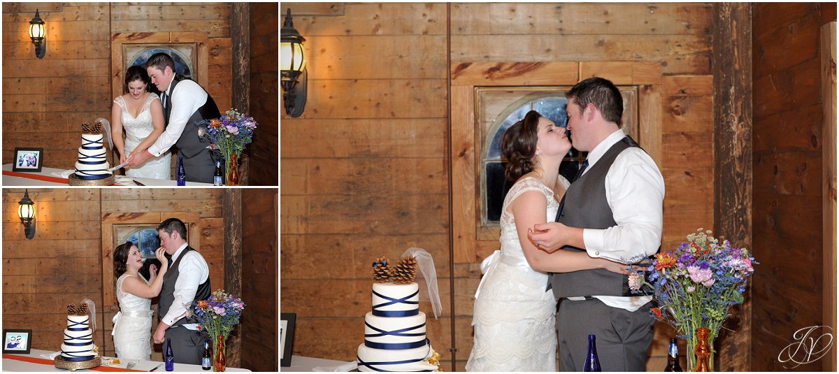 cake cutting reception rustic barn reception