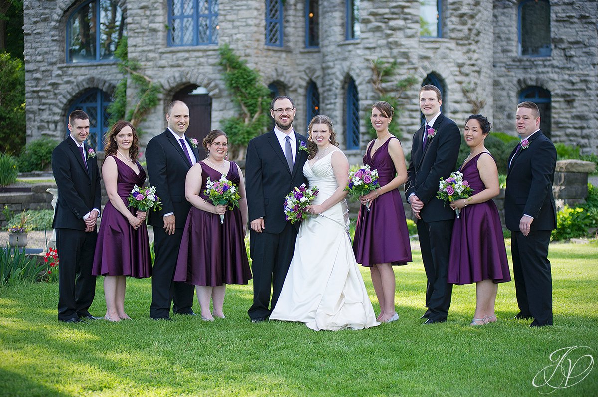 bridal party photo in front of castle, beardslee castle outside ceremony, capital region wedding photographers, albany wedding photographer