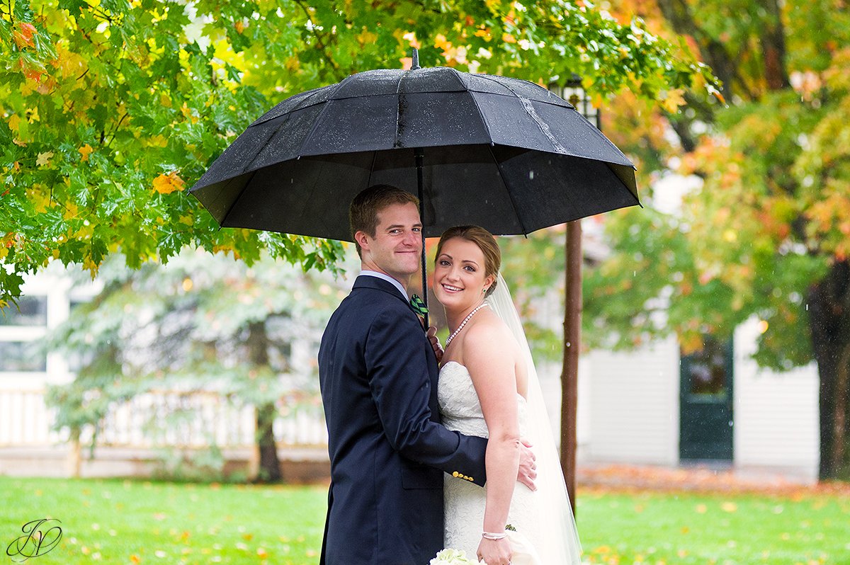 romantic photo of bride and groom in the rain