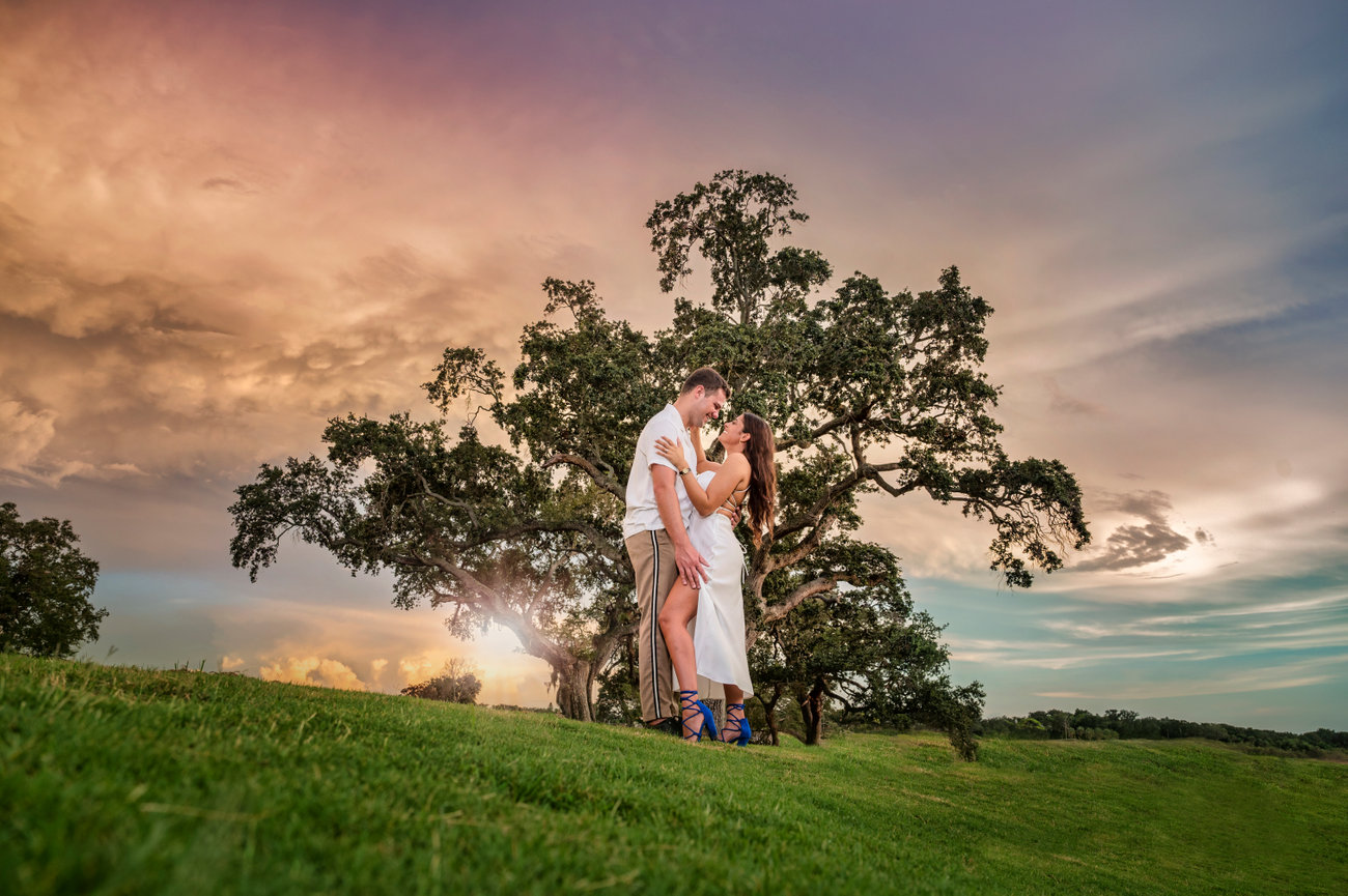 Couple embracing on a grassy hillside at sunset, with a large tree and colorful sky in the background.