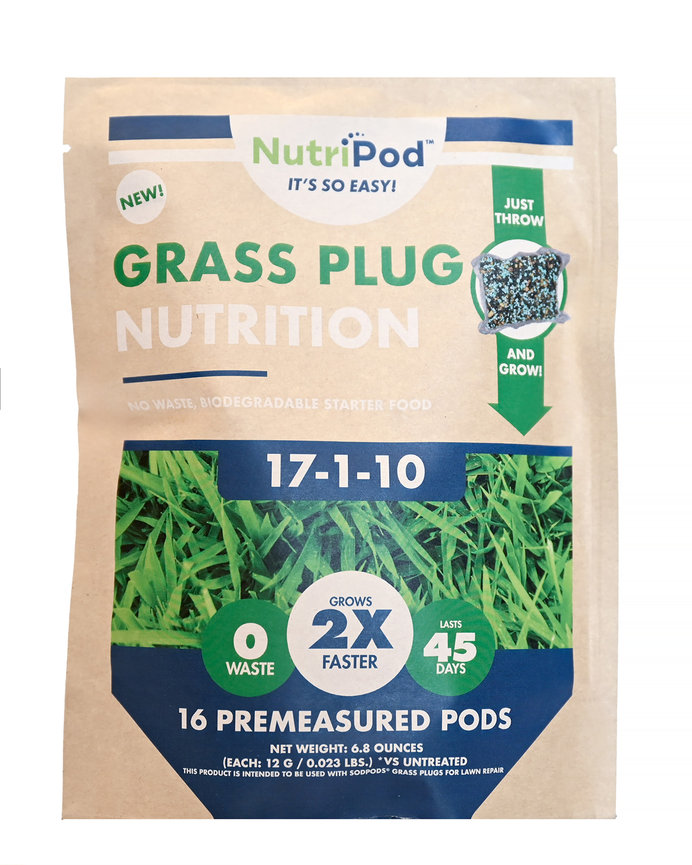NutriPod Grass Plug Nutrition packet, featuring 16 premeasured pods for quick and easy lawn care.