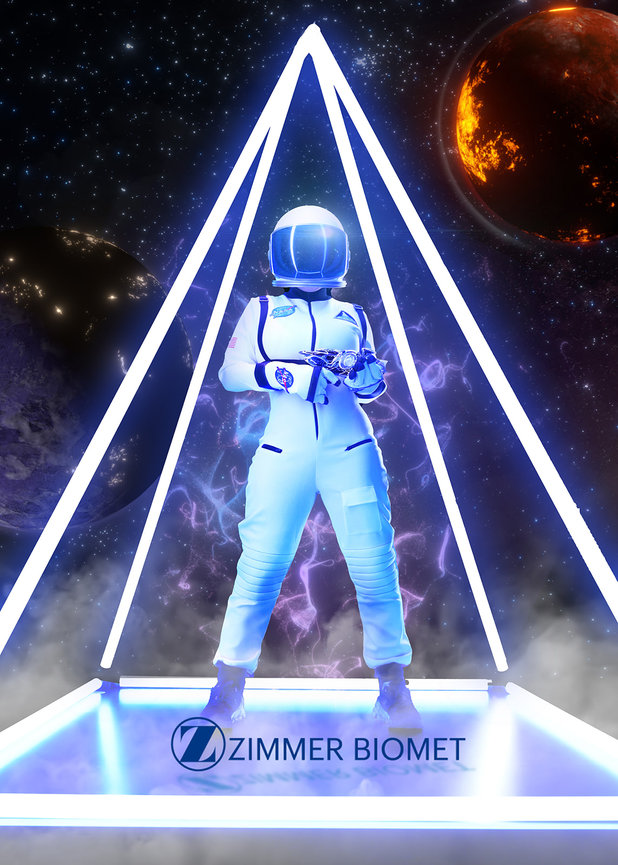 Astronaut in futuristic suit stands inside a glowing pyramid, with planets and cosmic backdrop. Zimmer Biomet logo displayed.