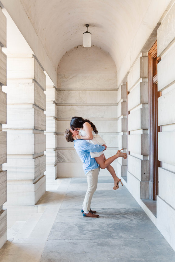 Couple kissing during an engagement session at the Tennessee State Capitol in Nashville, Tennessee