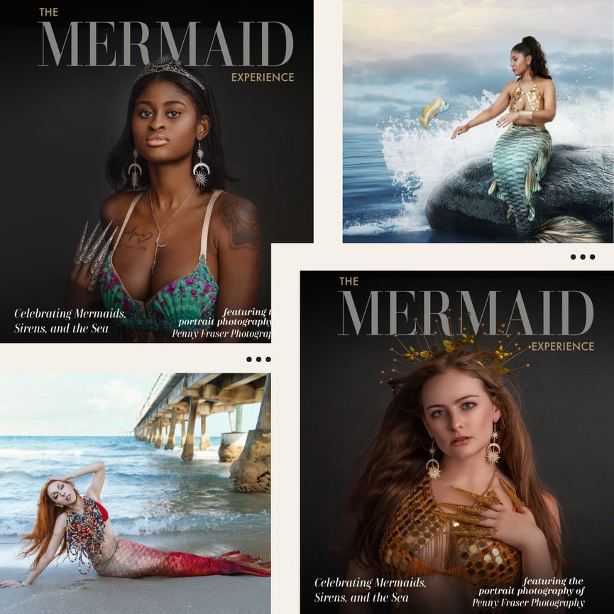 Two mermaid-themed magazine covers featuring women in studio and on the beach.