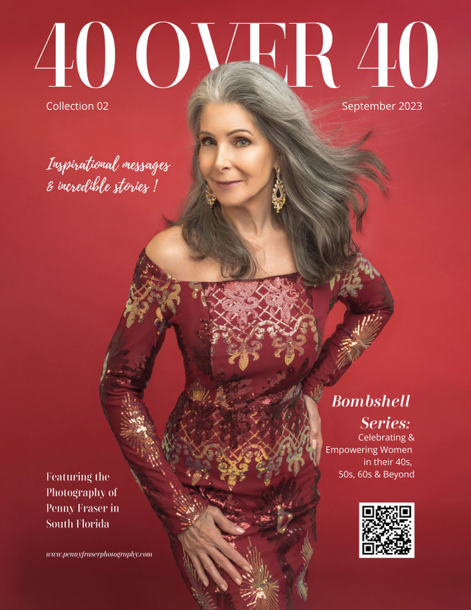 40 Over 40 magazine cover with a smiling woman in a red and gold dress, highlighting beauty and empowerment over 40