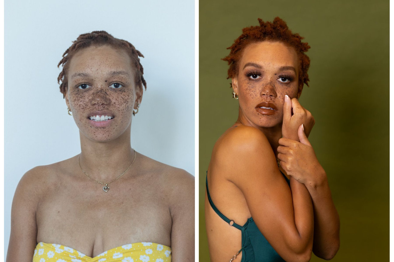 before and after beauty portrait showing hair and makeup on black woman with freckles
