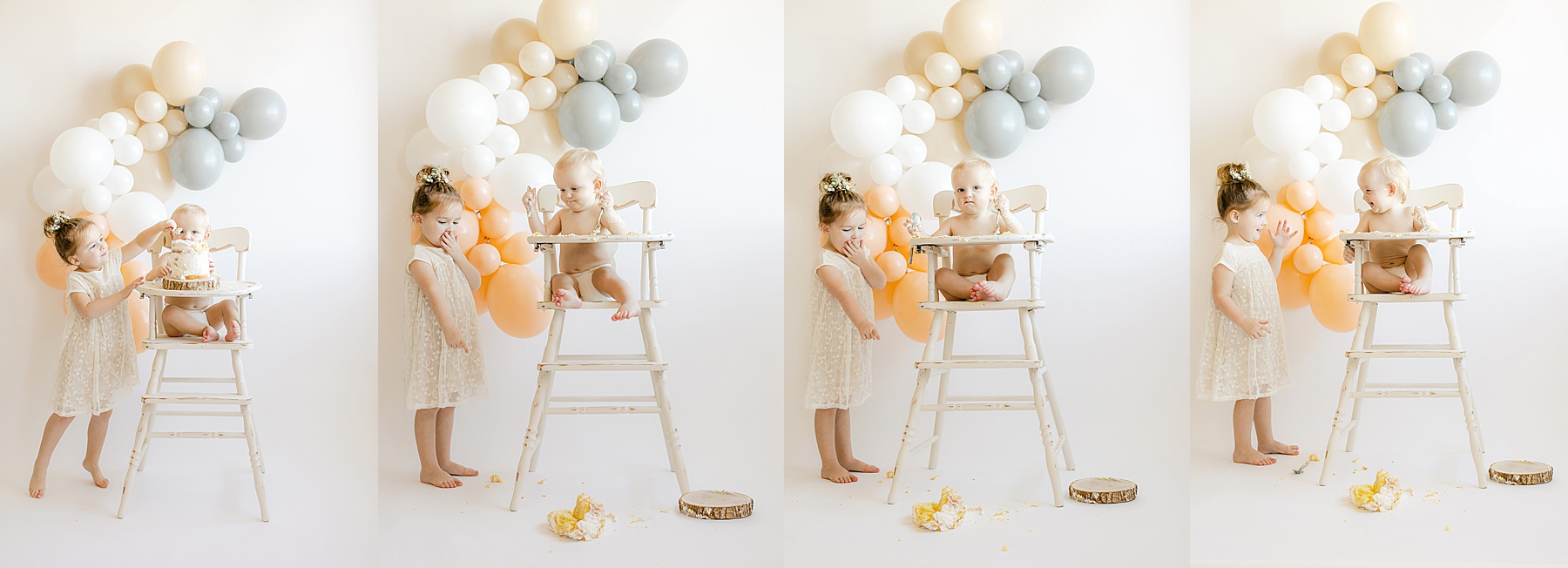 series of cake smash photo with baby boy and little girl in neutral clothing