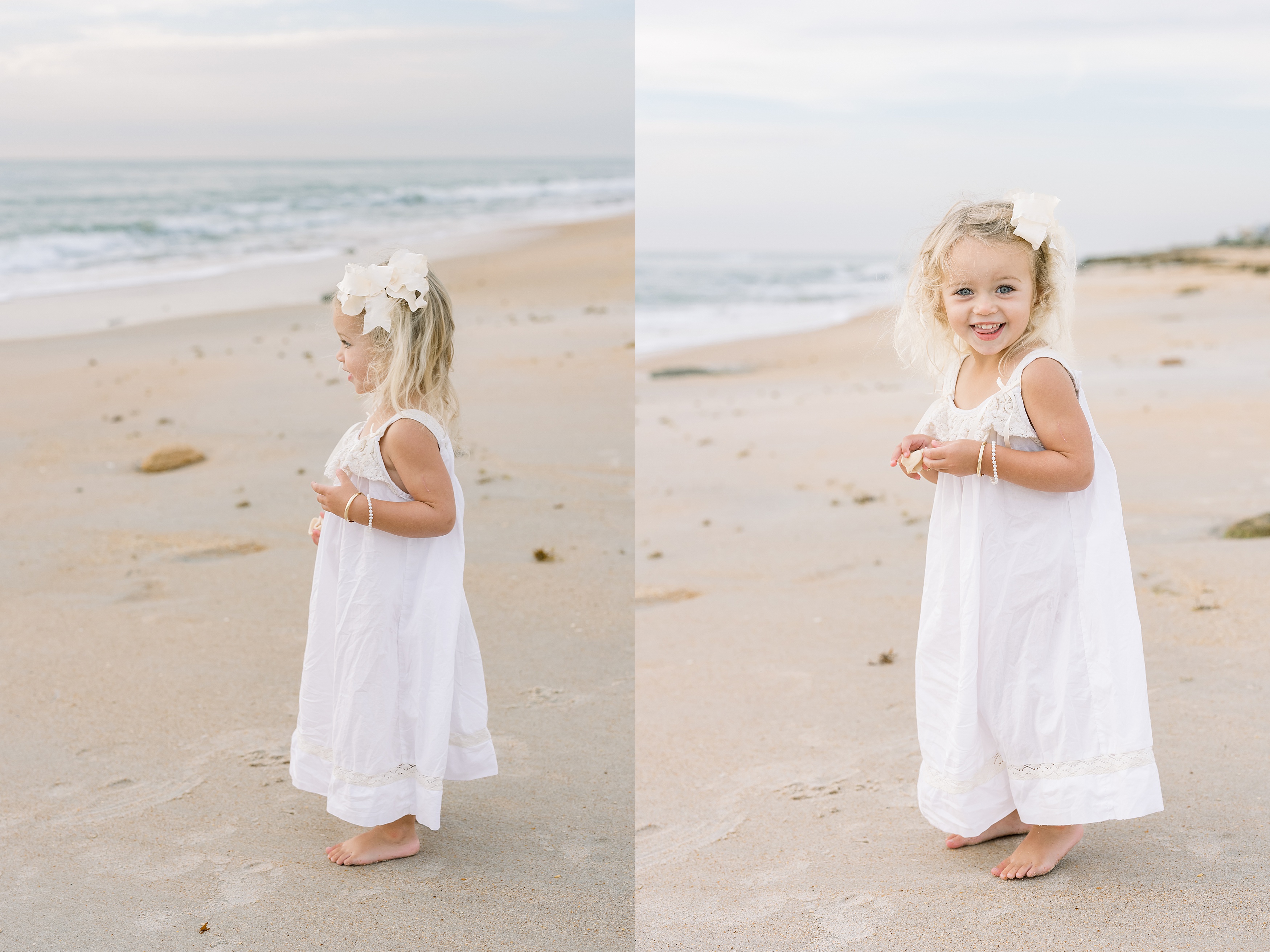 little girl in white dress with gold jewelry on the beach at sunrise in St. Augustine Florida