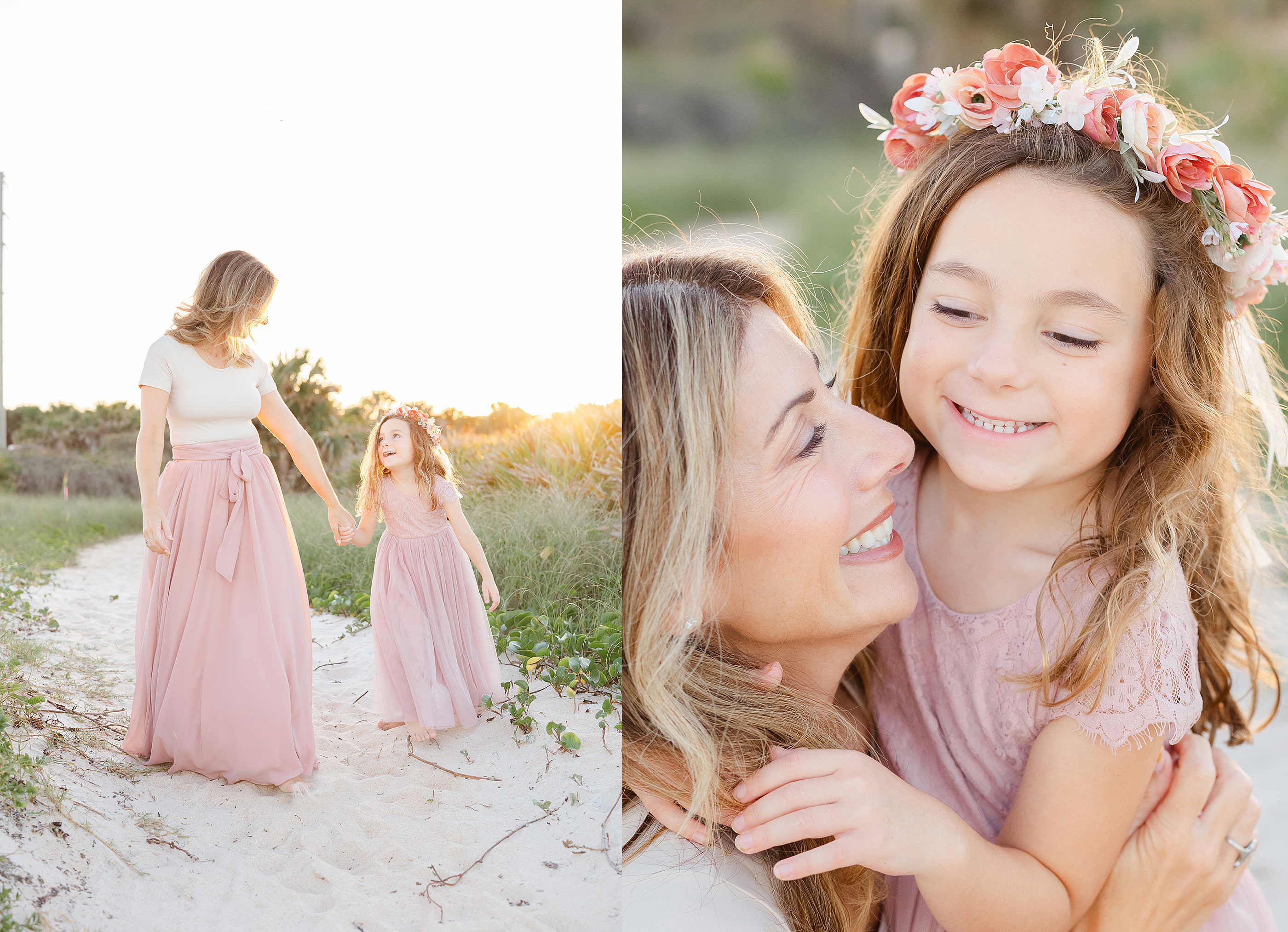 Collage of images of mother and daughter playing together in St. Augustine Beach.