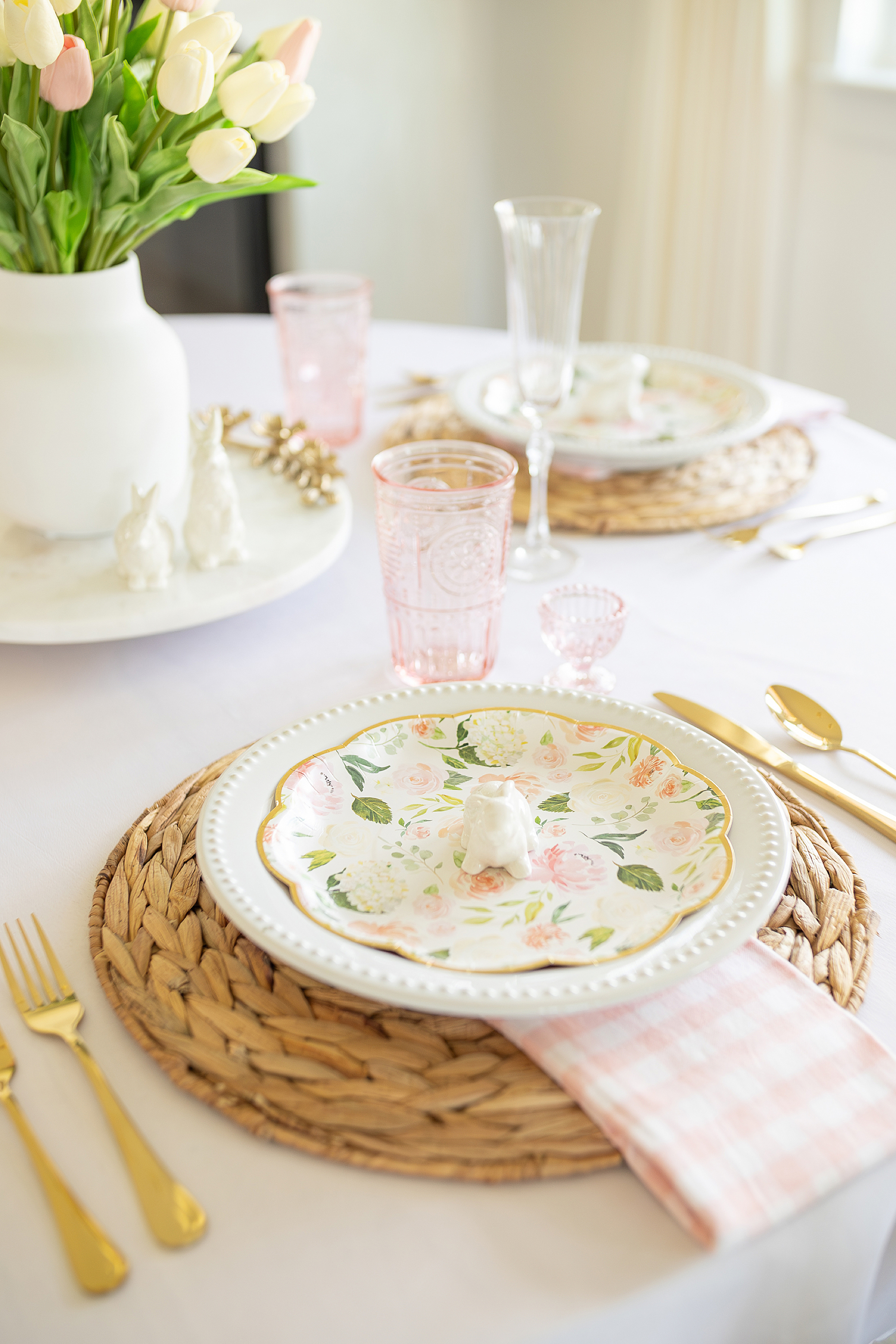 A snapshot of a place setting of pinks and white pastels on Easter.