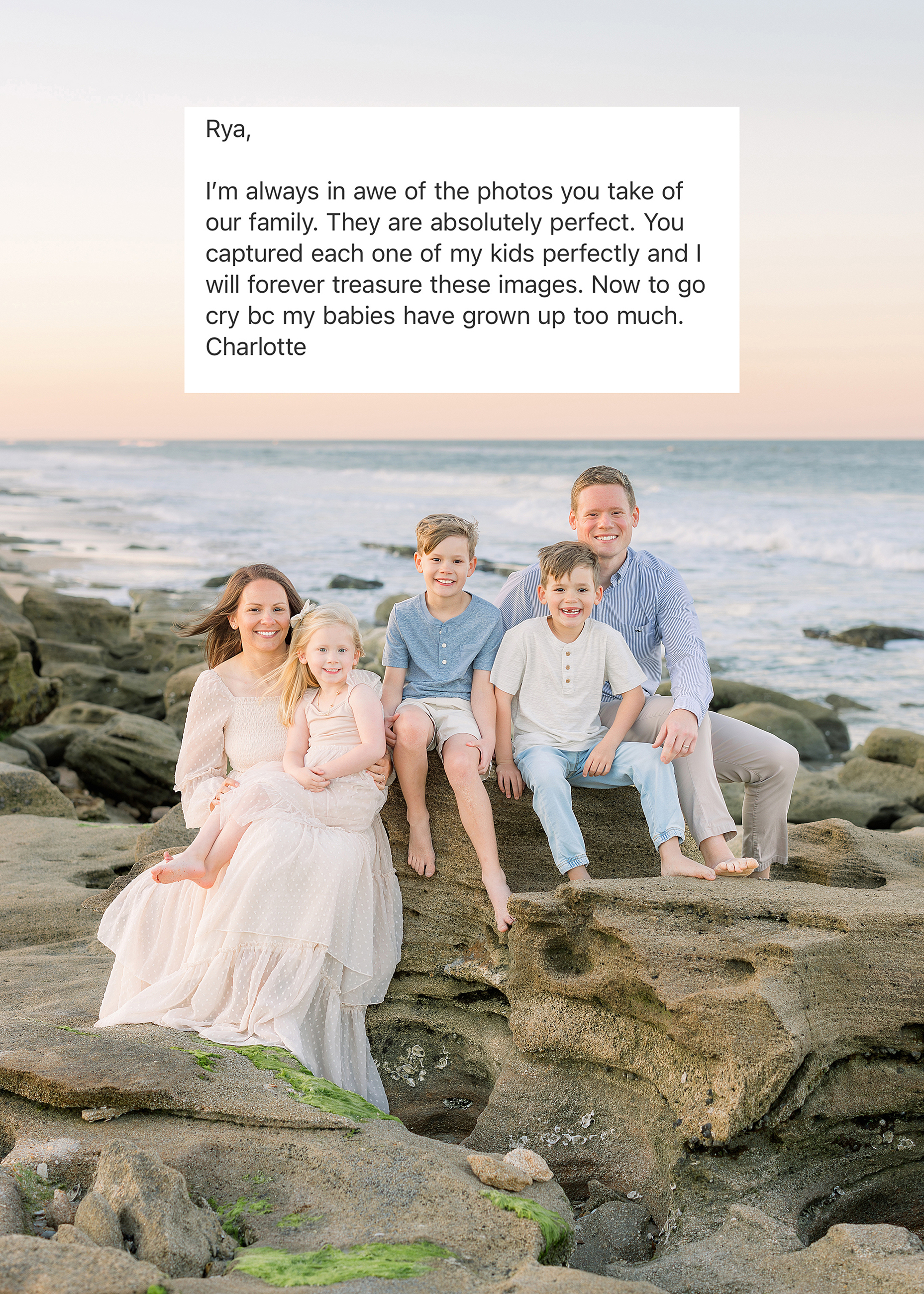 A rave review from a St. Augustine Beach family session client.