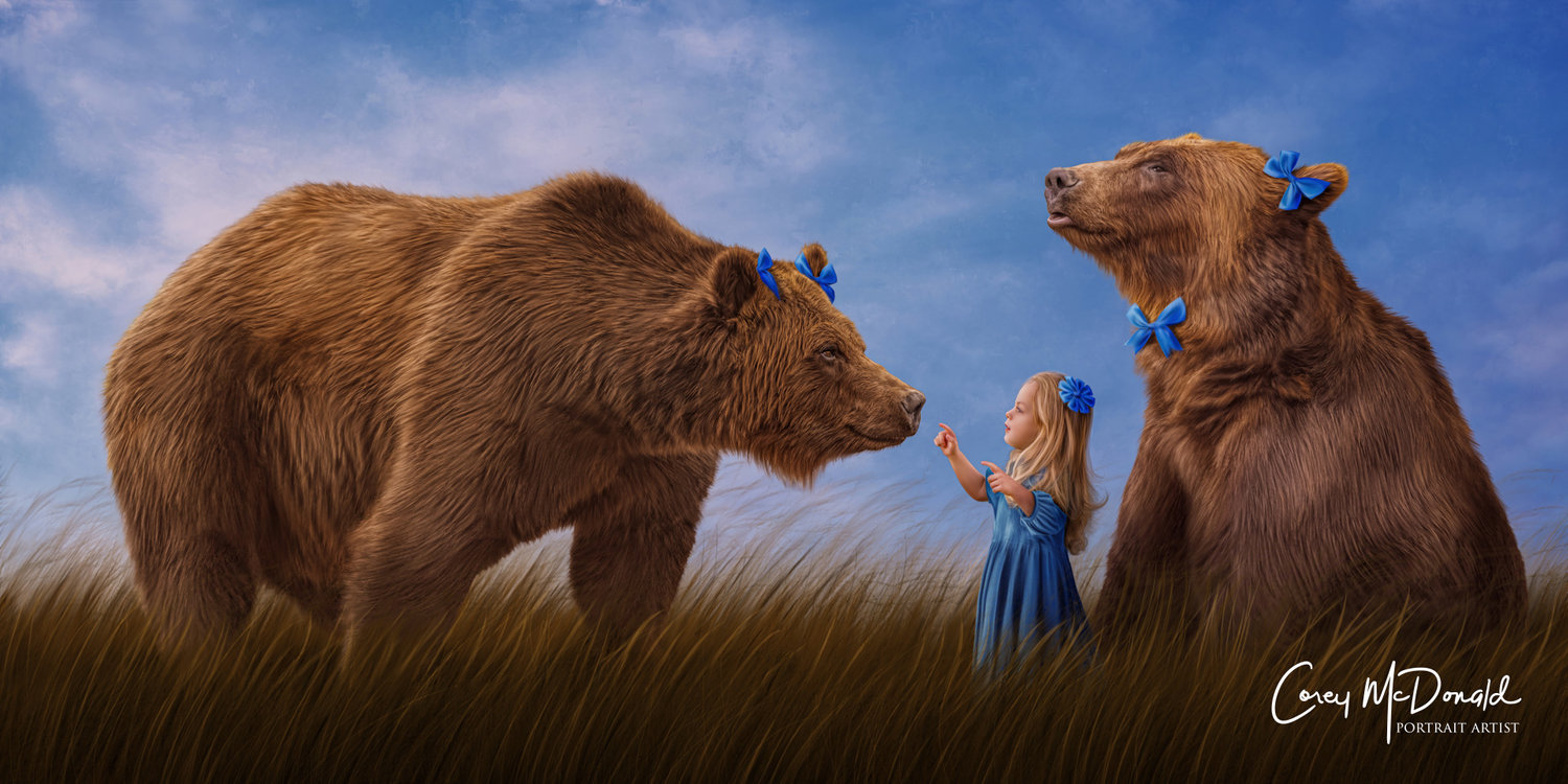 A young girl in a blue dress and bow interacts with two large brown bears wearing matching blue bows in a grassy field.
