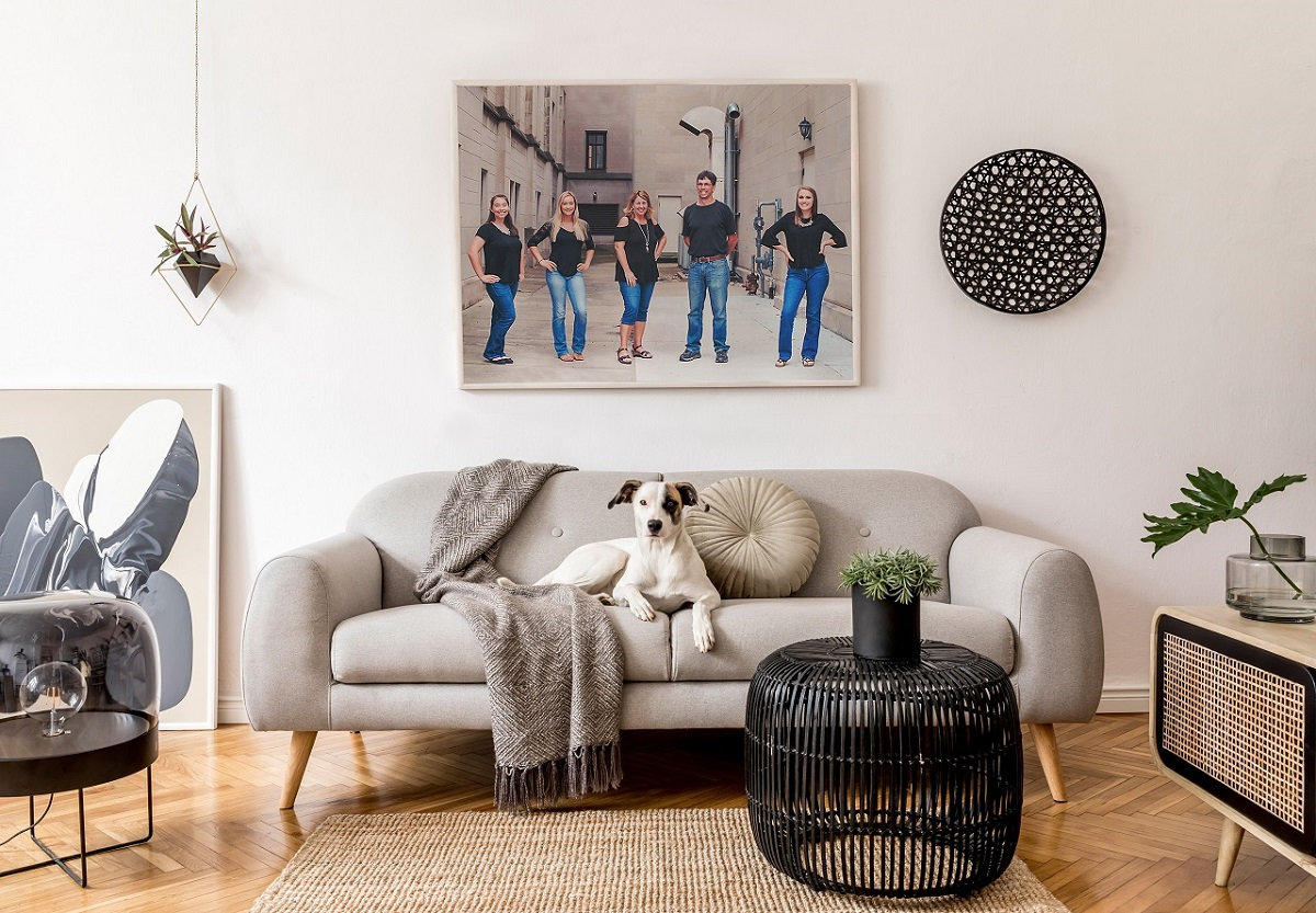 Family of five with older kids downtown as portrait above couch