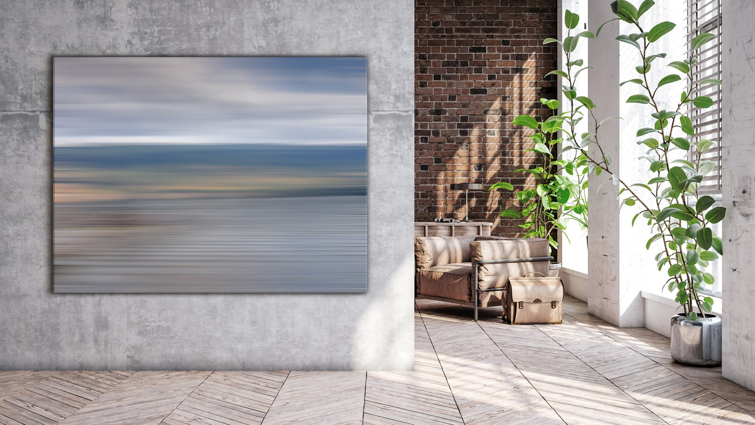 Horizon abstract seascape artwork by Andrea Bruns shown in a contemporary corporate reception area.