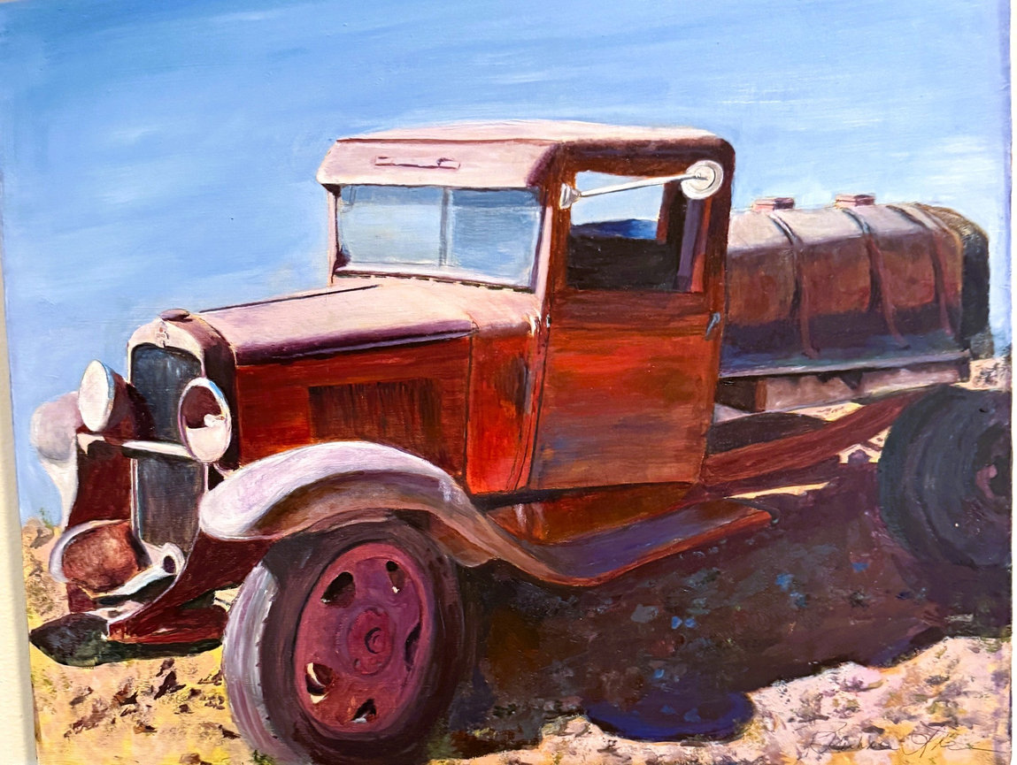 Watercolor painting of a rust-colored vintage pickup truck.