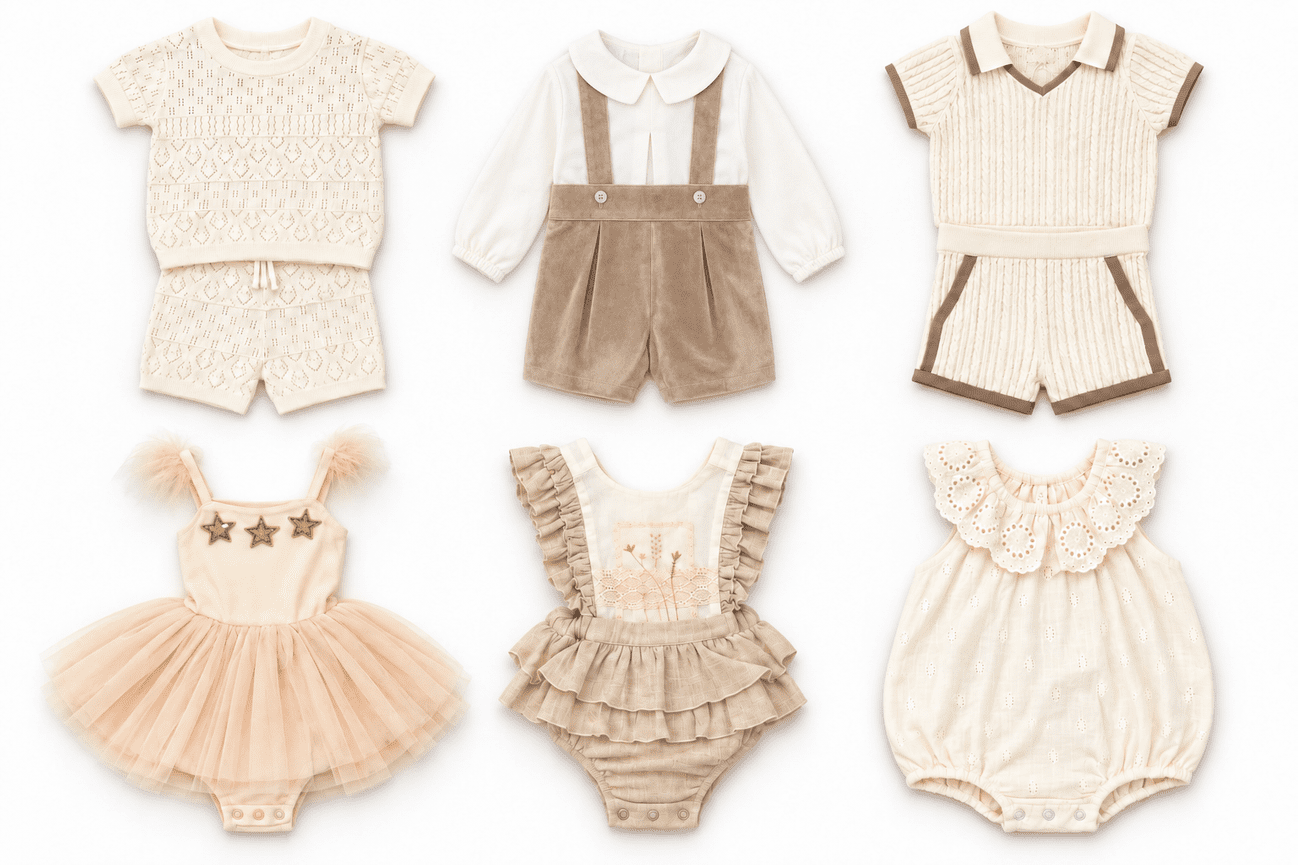 Cream and neutral baby wardrobe preview with a taupe suspender set, ivory knits and delicate ruffled rompers