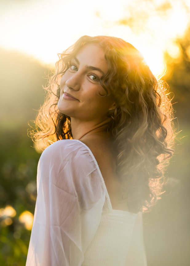 Senior year girl closeup with white dress and golden sunlight, Eagle Idaho