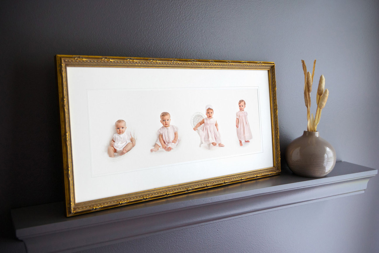 Baby’s First Year portrait composite featuring four milestones from newborn to one year, fine art photography Raleigh NC.