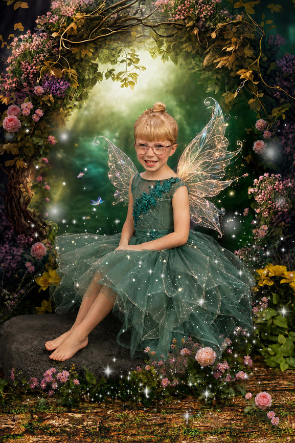 Young girl in a green fairy dress with wings sitting in a magical flower garden