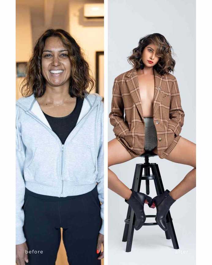 before and after photo of 40+ woman wearing only boots and a blazer, Calgary boudoir studio