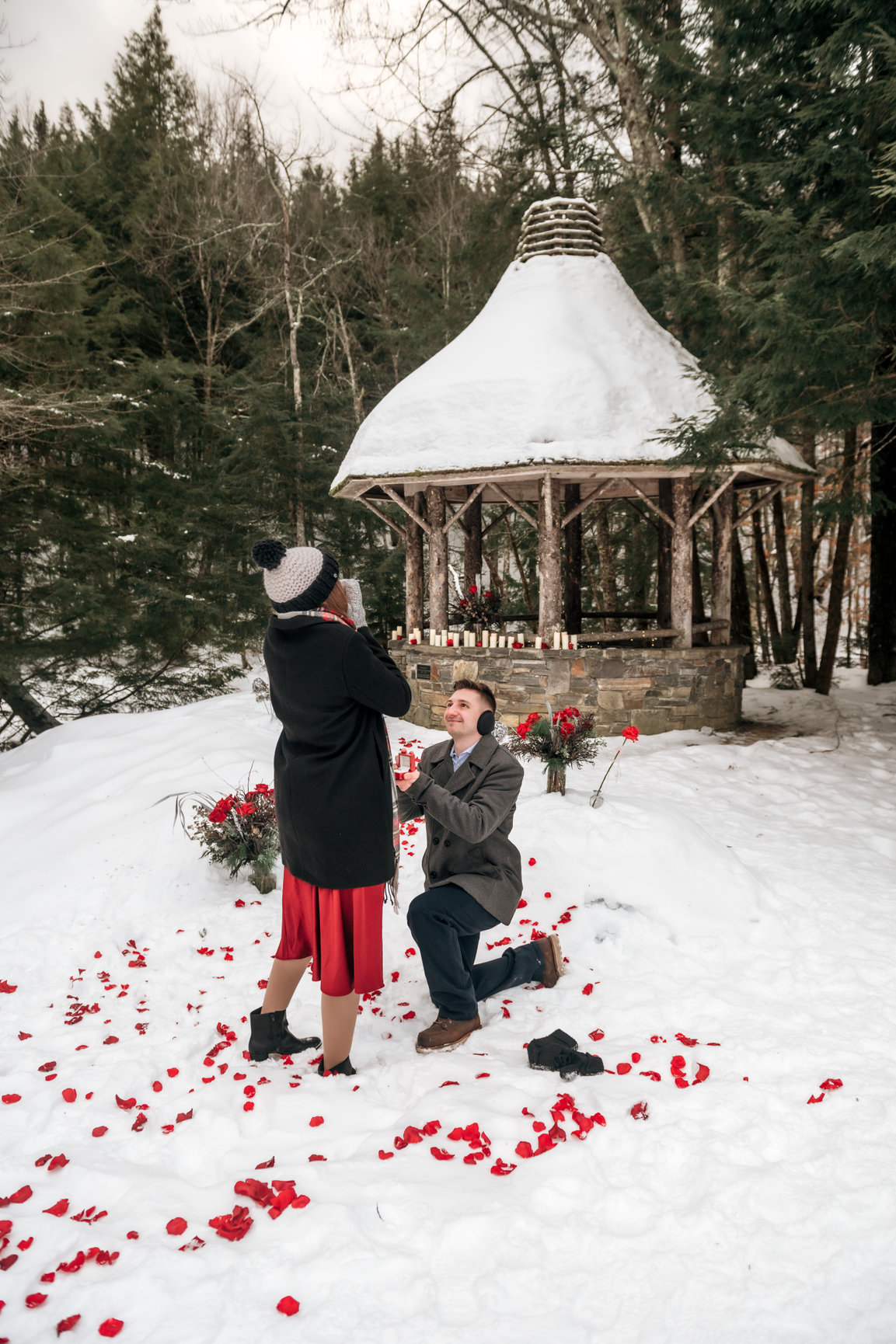 Winter proposal at a snowy gazebo in Stowe, Vermont
