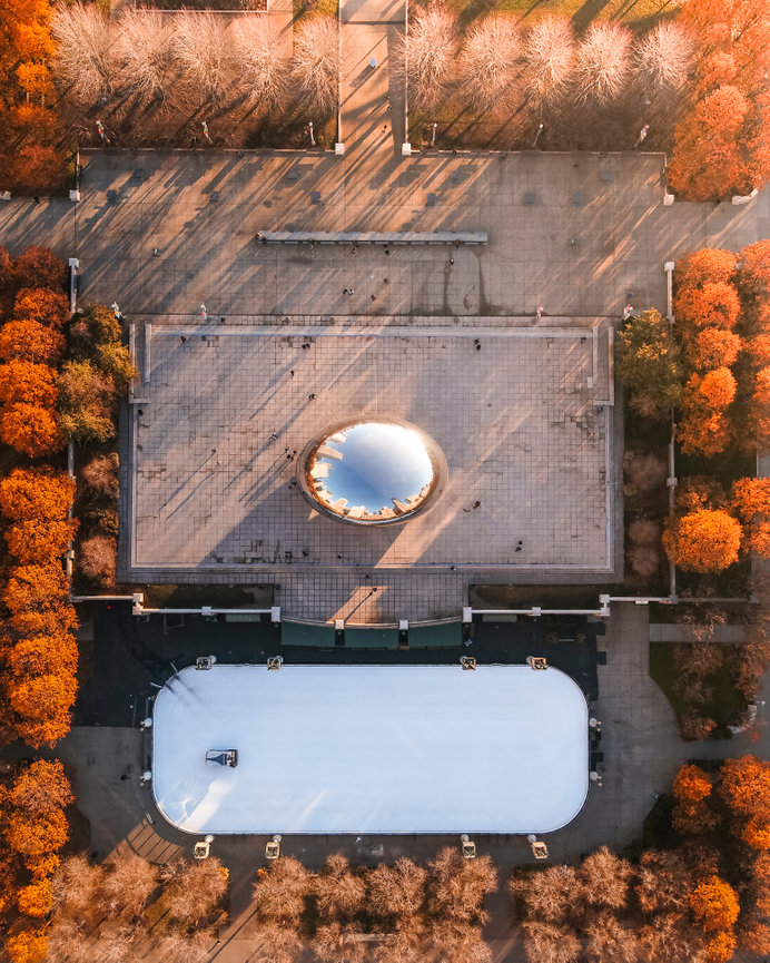 Top down autumn shot with reflective sculpture