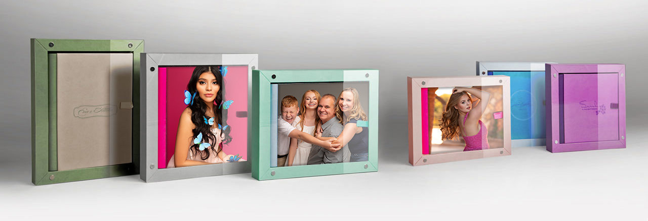 Colorful photo frames displaying various images, arranged in a stylish line on a gradient background.