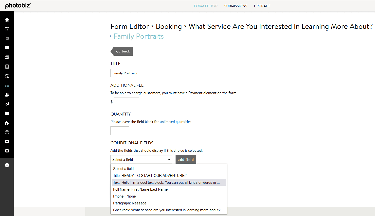 How do I add conditional form fields to my form? - PhotoBiz Knowledge Base