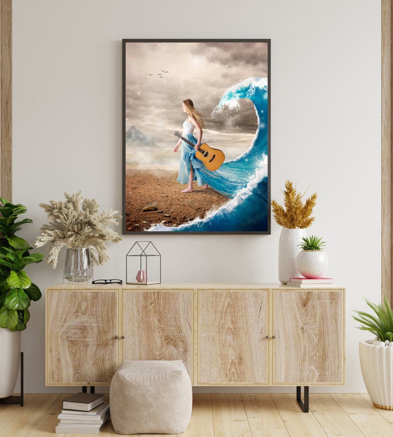 custom art on the wall of girl holding guitar followed by an ocean wave