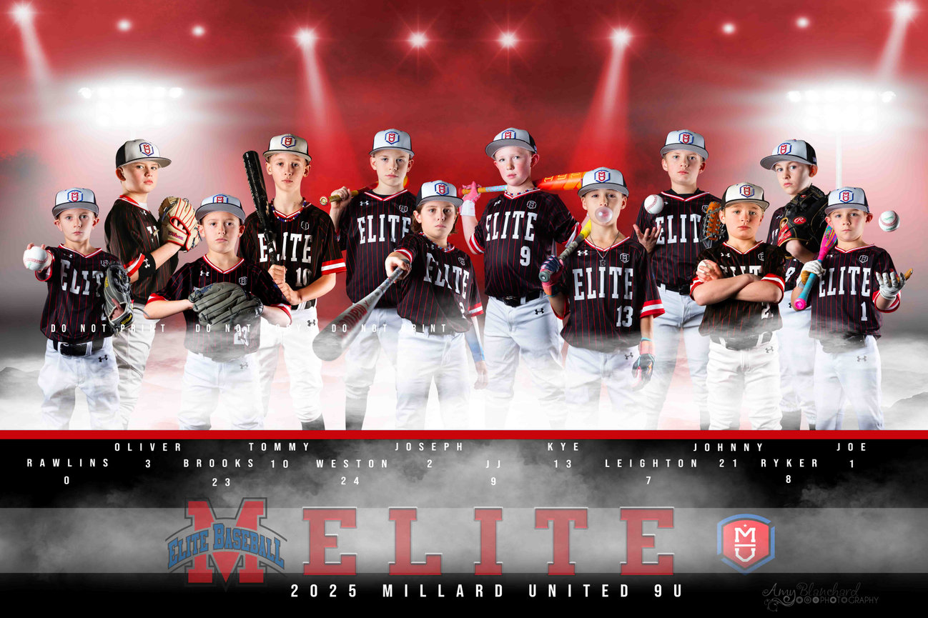 Youth baseball team in black uniforms with caps, posing together. Elite text on jerseys; Millard United 9U 2025 displayed.