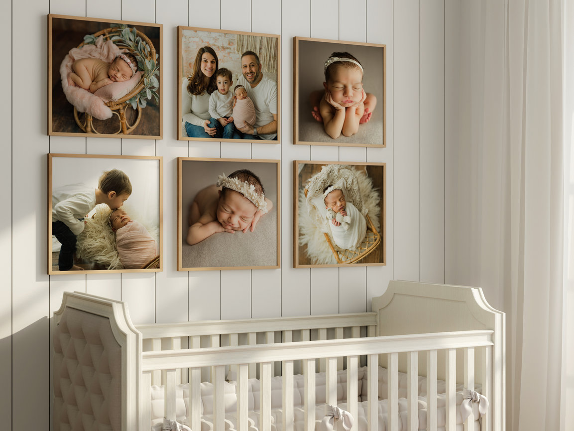 Six tiled framed of infant newborn portraits with family and brother included in two of the four above crib