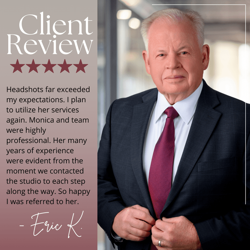 Elderly man in a suit poses with a client review praising headshot service. Text overlays with positive feedback.