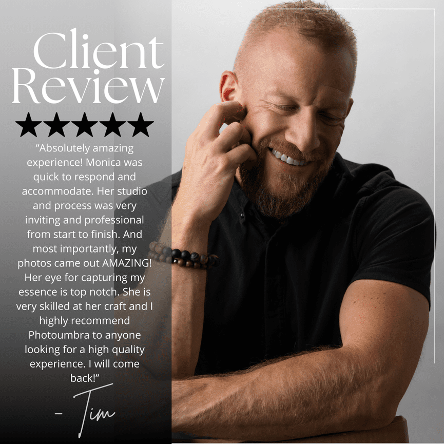 Bearded man smiling in a black shirt; client review praising an amazing photography experience.