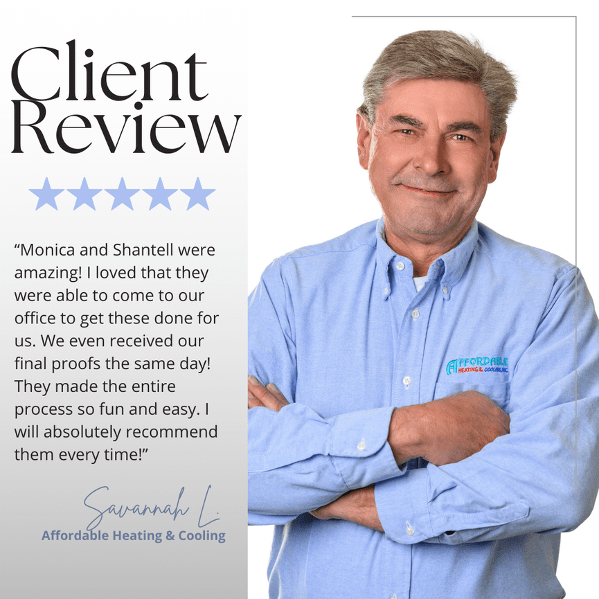Man in a blue shirt smiling and crossing arms; client review praising service.