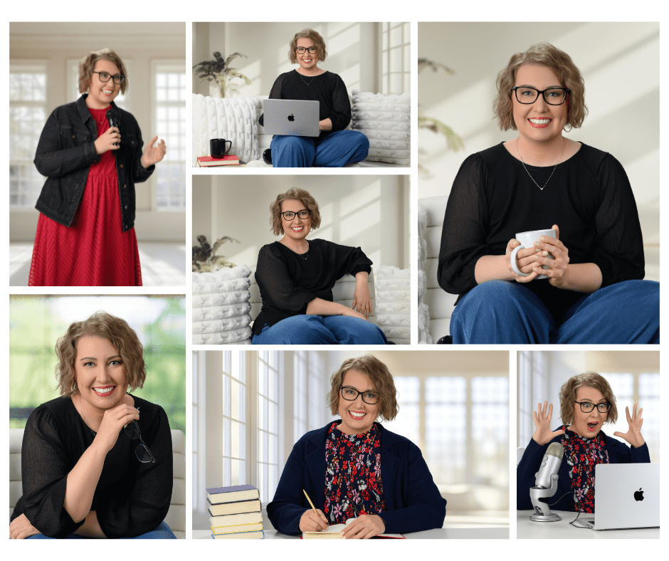 Collage of a person working indoors: laptop use, coffee drinking, and writing at a desk with books. Bright, cozy setting.