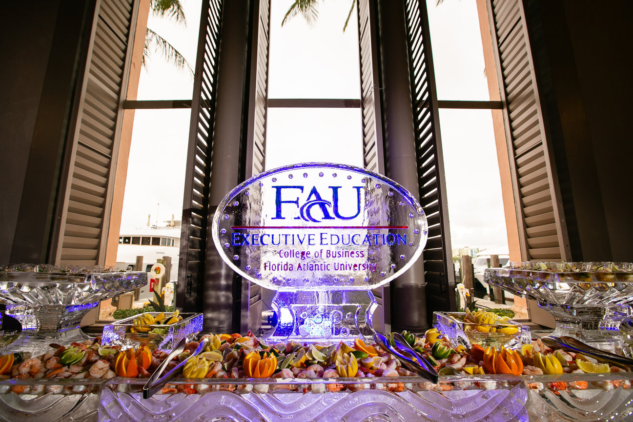 FAU Executive Education ice sculpture seafood buffet display at Florida Atlantic University event