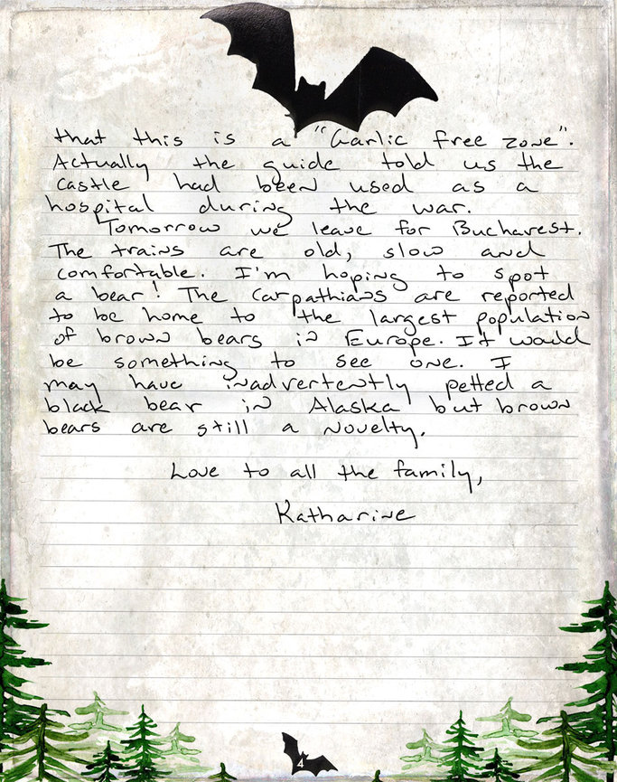 Final page of Katharine’s handwritten Transylvania dispatch, recounting Bran Castle and plans to travel by train to Bucharest.