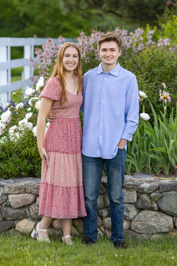 Outdoor high school senior twins brother and sister by stone wall walpole ma