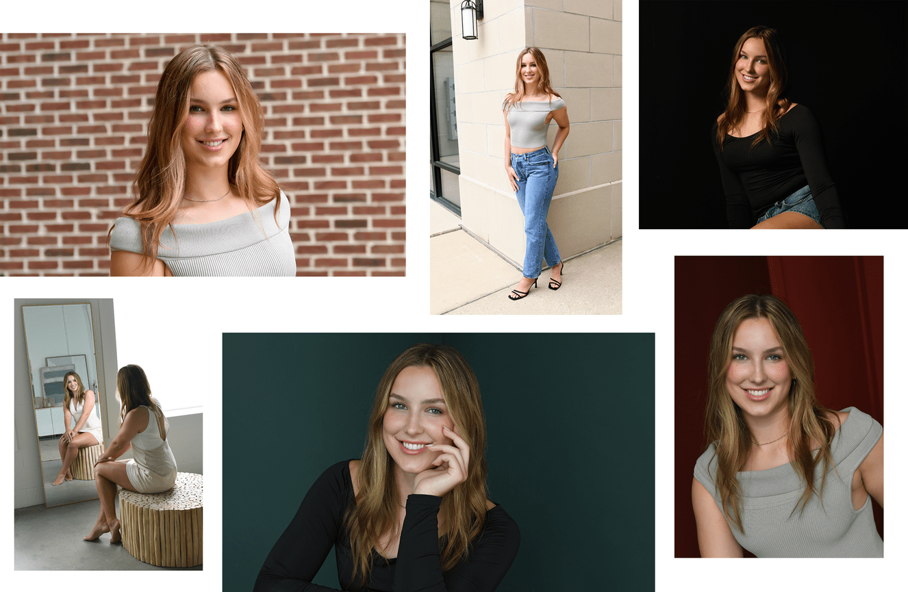 A collage of Amelia in a variety of outfits and backgrounds in the studio of Kliks Photography.