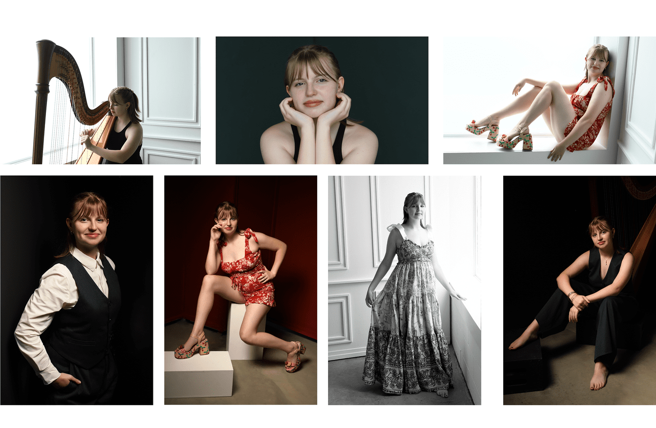 Portraits of Evelyn in a summer dress and a suit vest.